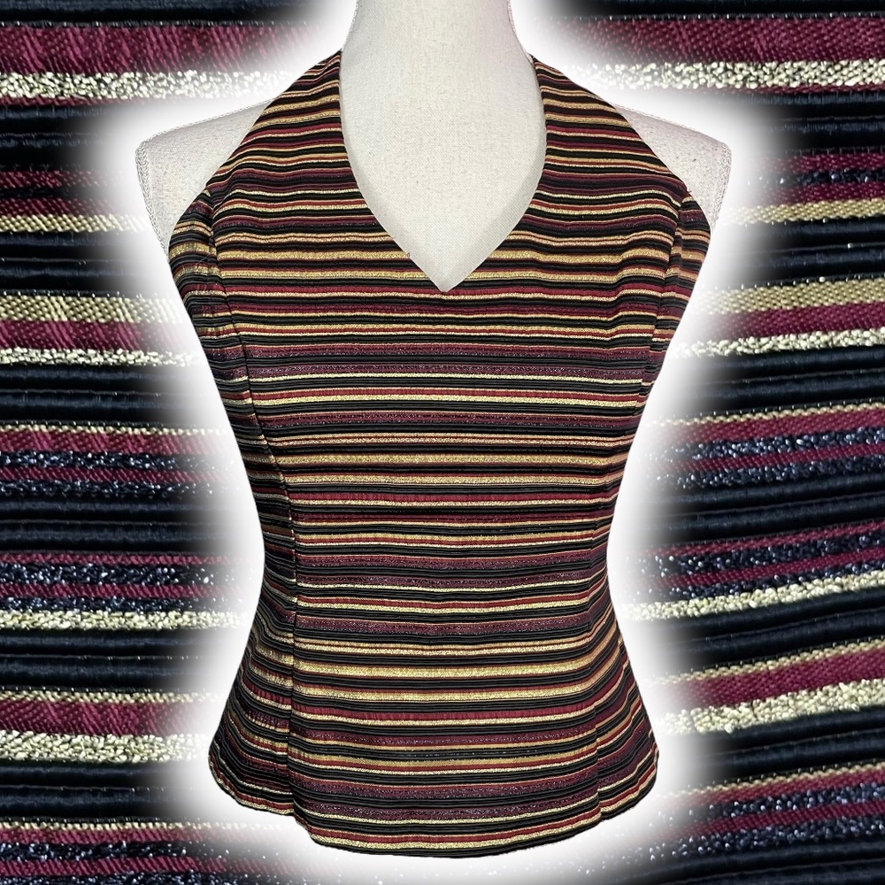 Xscape Metallic Striped Y2K Halter Top 4 Glitter Burgundy Red Gold Coquette